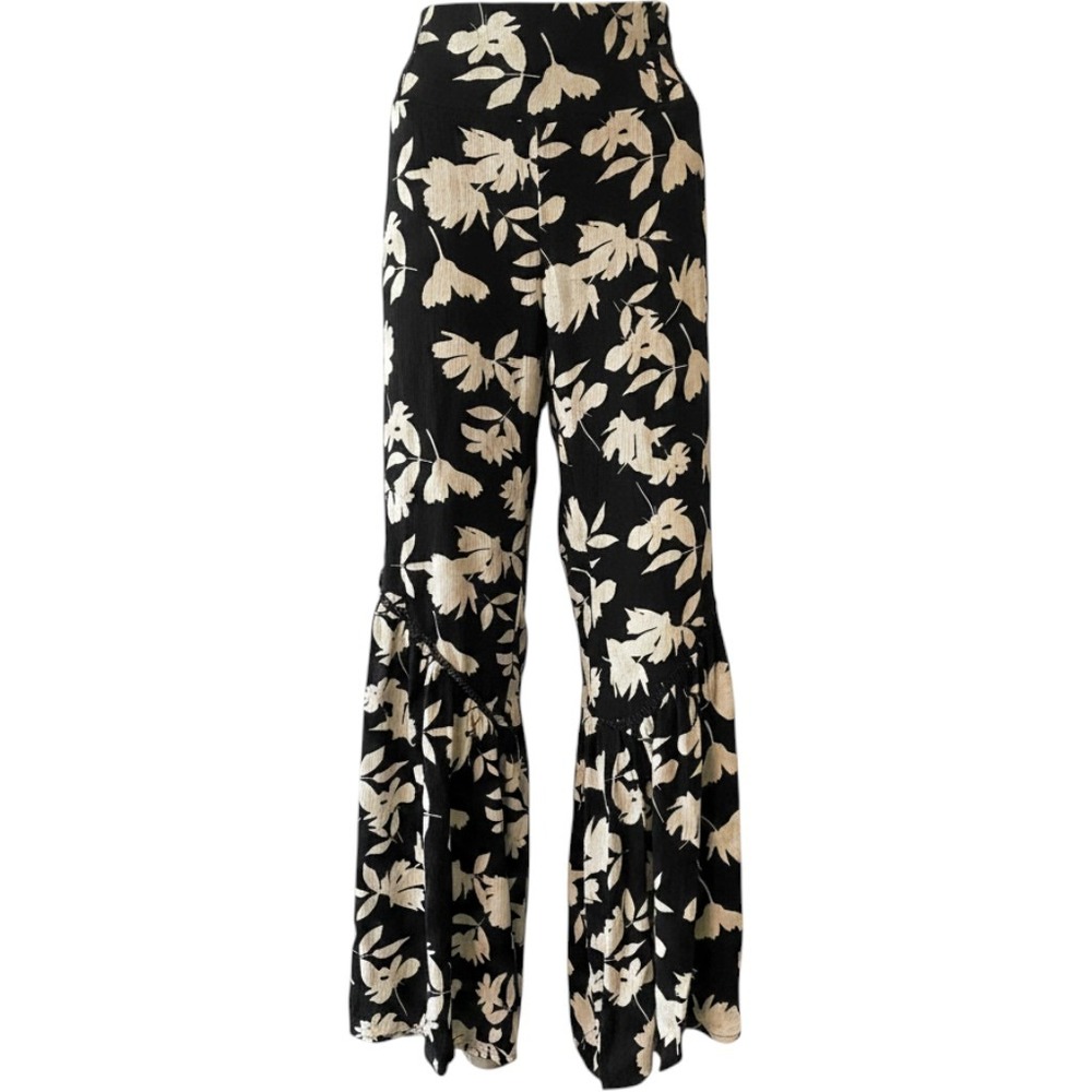 Cato Black Floral Rayon Palazzo Pants Large Wide Leg
